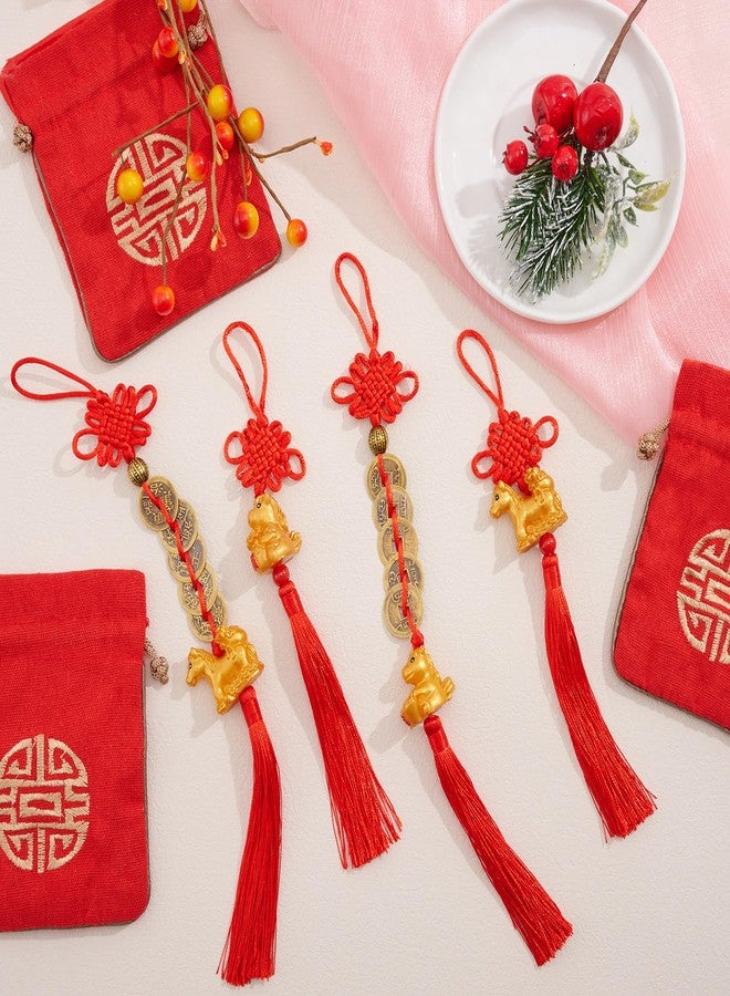 APUDWN 8 Pcs Chinese New Year Horse Decorations 2026 Lunar New Year fengshui Coins Chinese Knot Red Tassel Ornaments Luck Wealth Health Success Gifts with fu Bags for Home Car Potted Plant Tree Office - Image 3